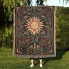 Sun And Floral Woven Tapestry Blanket A Medieval-Inspired Cotton Throw With Red Roses